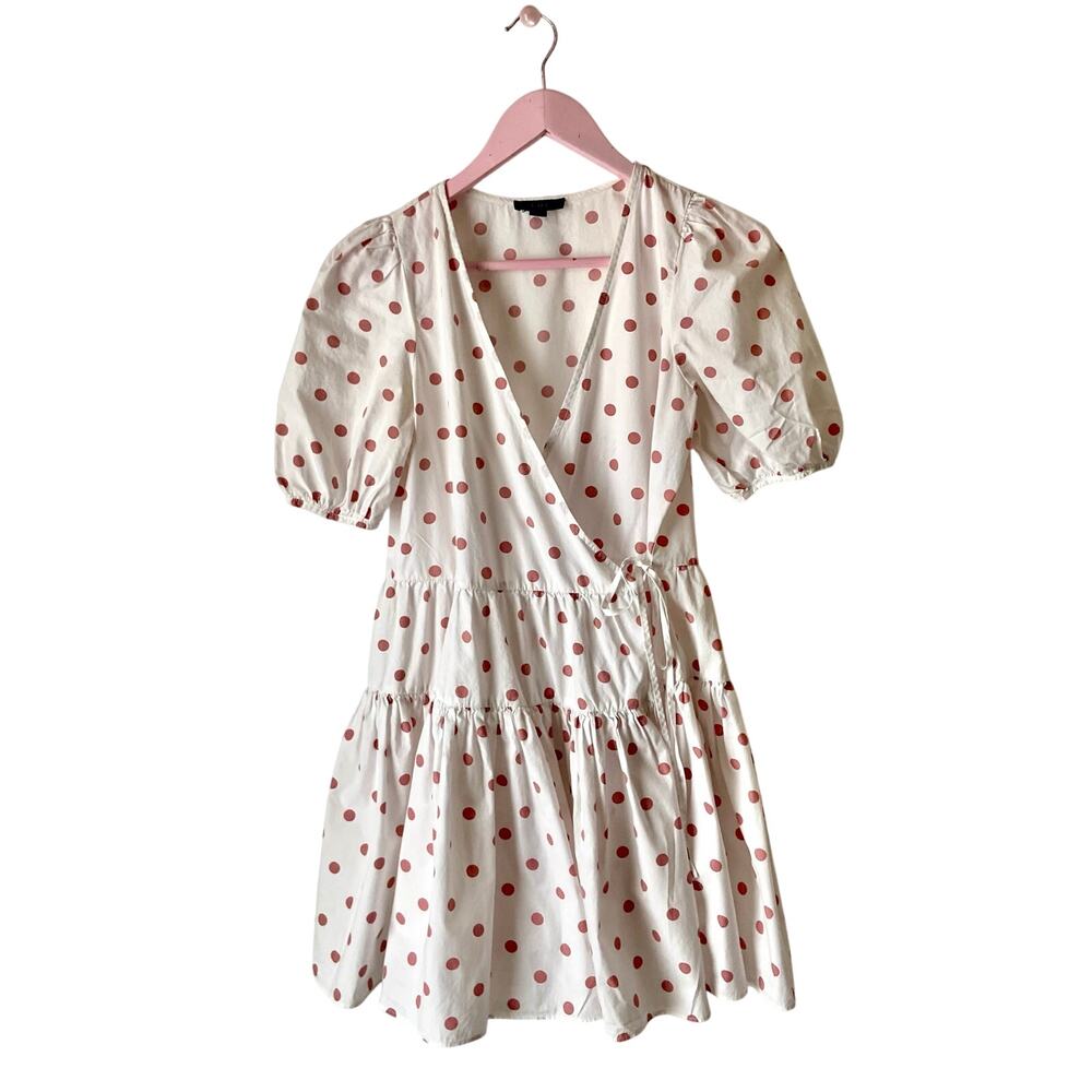 J.Crew White & Red Polka Dot Puff-Sleeve Cotton Wrap Mini Dress XSP